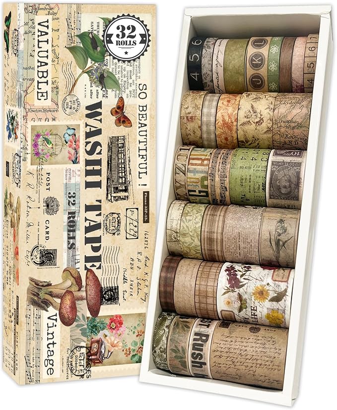 Vintage Washi Tape Set for Scrapbooking & Journaling - 32 Rolls Floral, Cute Decorative Tapes with Assorted Widths, Retro Aesthetic DIY Gift for Bible, Bullet, Junk Journal Supplies (Christmas Tape)