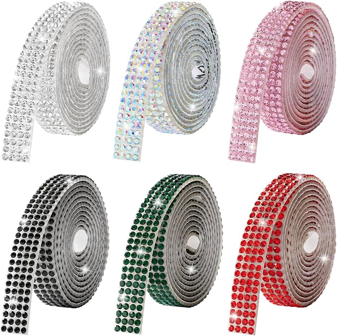 Rhinestone Ribbon Self Adhesive Crystal Rhinestones, 6-Rolls Bedazzling Strips, 6-Yard Rhinestone Strips for DIY Craft, Rhinestones Tape Self Adhesive