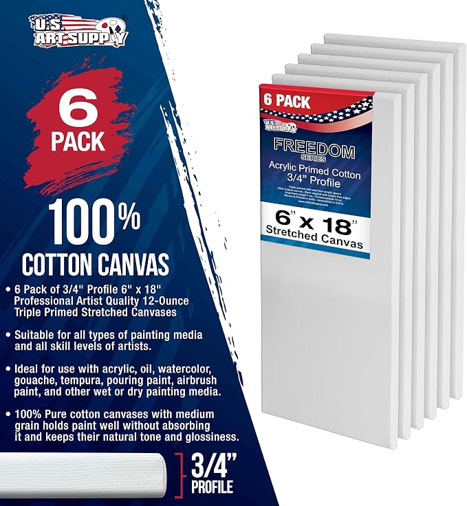 U.S. Art Supply 6"x18" Stretched Canvas for Painting, 3/4" Profile, 6-Pack