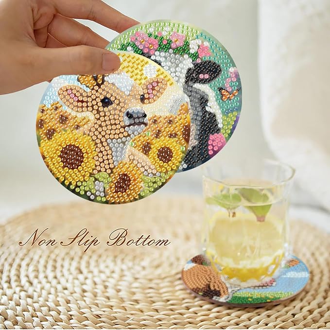 askkqtx 8 Pcs Cow Diamond Art Coasters Kits with Holder 4X4 Inch