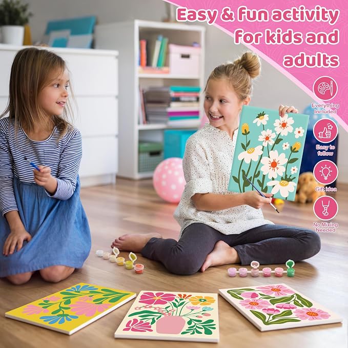 goldentime Easy Paint by Numbers Kit for Kids & Adults Beginner | Easy DIY Flowers Acrylic Oil Painting on Canvas with Frame | 4 Pack 8x10 Inch Framed Paint by Number Canvas Kits for Home Wall Décor
