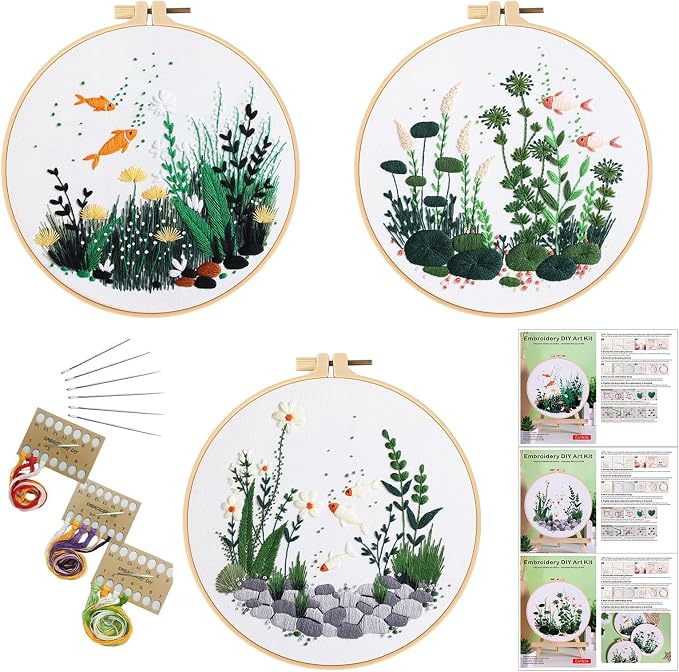 GLTAYLMY Fish Embroidery Kit for Beginners Adults,3 Set Cross Stitch Kits with 1 Plastic Embroidery Hoops,Needles and Color Threads,Needlepoint Kit for Hand Embroidery Starter