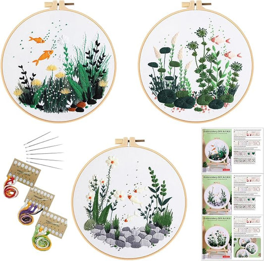 GLTAYLMY Fish Embroidery Kit for Beginners Adults,3 Set Cross Stitch Kits with 1 Plastic Embroidery Hoops,Needles and Color Threads,Needlepoint Kit for Hand Embroidery Starter