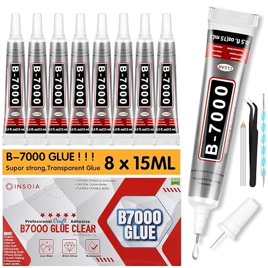 INSOIA B7000 Bedazzling Glue Tool Clear, 8 x 15ml Precision Tip