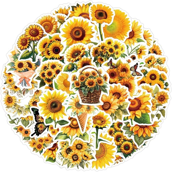 60 Pcs Sunflower Stickers, Transparent Waterproof Vinyl Decals, Aesthetic Floral Stickers for Journaling, Scrapbooking, Laptop, Water Bottle, Phone Case, Happy Theme Decoration(Colourful-F8)
