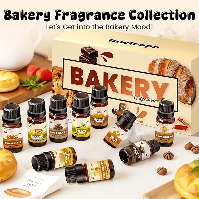 Bakery Essential Oils Set (10 × 5ml), INWICOPH Fragrance Oil for Soap & Candle Making - Pumpkin Pie, Golden Waffle, Hazelnut, Eggnog Cake Aromatherapy Scented Oils