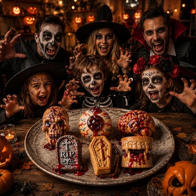 HKNMTT Skull Cake Pizza Pan 6 Spooky Shapes Halloween Silicone Baking Mold | Skull Eyeball Fangs Tombstone Coffin Brain Cake Mold for Pizza Chocolate Musse Soap Ice Cubes Non-Stick Food Grade