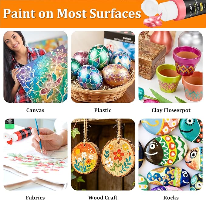 Caliart 24 Colors Acrylic Metallic Paint Set with 12 Brushes | Craft Painting kit for Adults Artists Beginners, Rich Pigment Non-toxic, Canvas Wood Rock Pumpkin Ceramic Art Supplies Paint