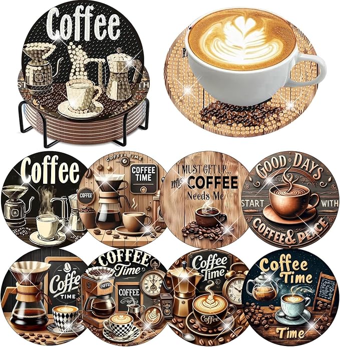 8 Pcs Diamond Art Coasters Kits, Coffee Diamond Painting Coasters Kits