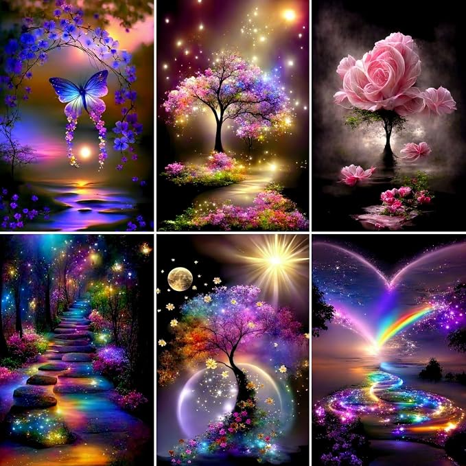 6 Pack Butterfly Flower Diamond Art Kits for Adults, 5D Diamond Art Sets | DIY Full Drill Round Gem Painting for Adult Beginners , Home Wall Decor 9.8x13.8 Inch
