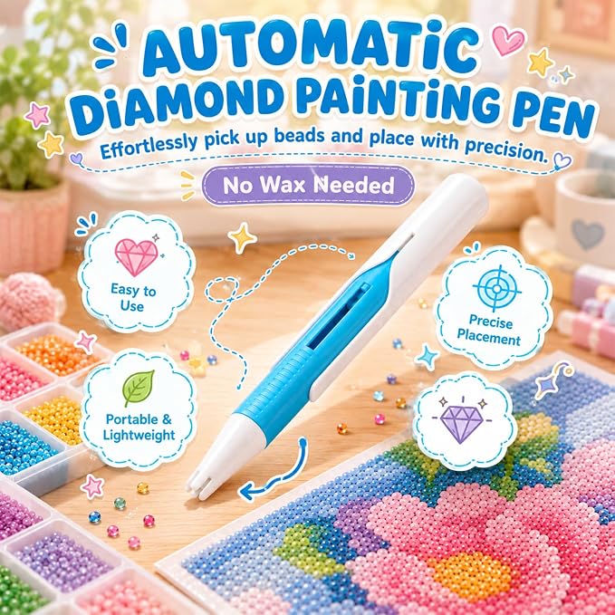 Diamond Art Automatic Bead Dispenser Pen,Automatic Diamond Painting Pen,Diamond Art Pen for 2.8mm Round Drills,DIY Crafts for Adults,No Wax Required,Accessories Kit，White