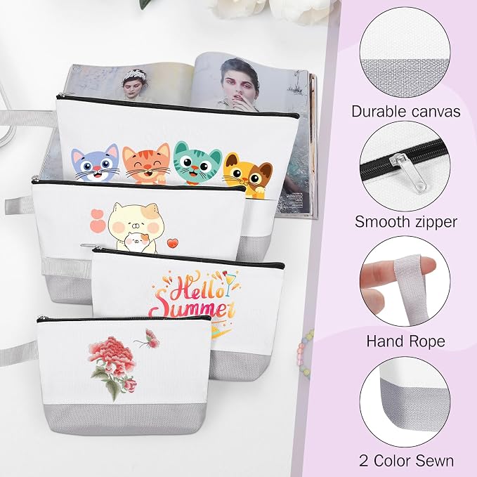 10 Pieces Cotton Canvas Makeup Bag with Bottom and Strap, Multi-Purpose Cosmetic Bag with Zipper Travel Toiletry Pouch, Blank DIY Craft Bag (White&Grey, M)