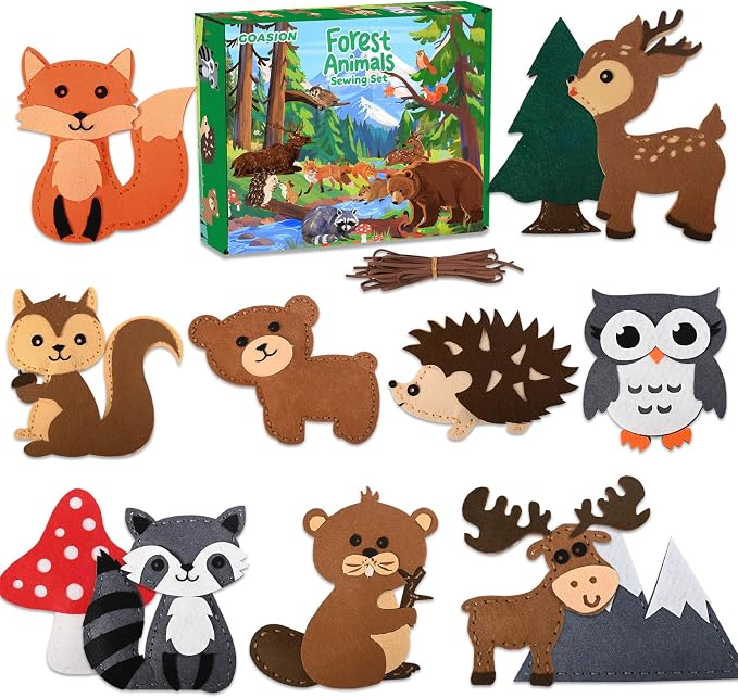GOASION Sewing Kit for Kids, 12 Pcs Woodland Animals Craft Set, Ages 5+