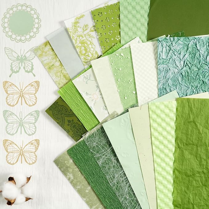 50 Sheets Unique Handmade Textured Scrapbook Paper & Mesh Fabric Set - Junk Journal Supplies Craft Paper for Scrapbooking Journaling Supplies for Junk Journal Retro Crafts（Green）