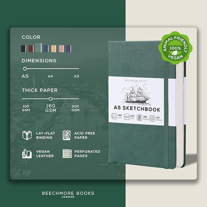 BEECHMORE BOOKS A5 5.8x8.3 Mixed Media Sketchbook 160 GSM/98LB, Gift Box | Hardcover Art Journal with Lay-Flat Binding, 156 Perforated Ivory Pages, Portable Size for Drawing, Ink & Light Watercolor