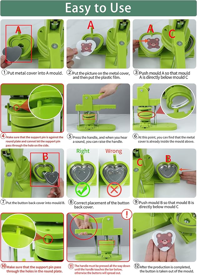 Happizza Heart-Shaped Button Maker Machine, Detachable Heart DIY Pin Button Maker Press Machine Kit, Badge Button Press Machine Pin Maker Machine with Free 100pcs Button Parts