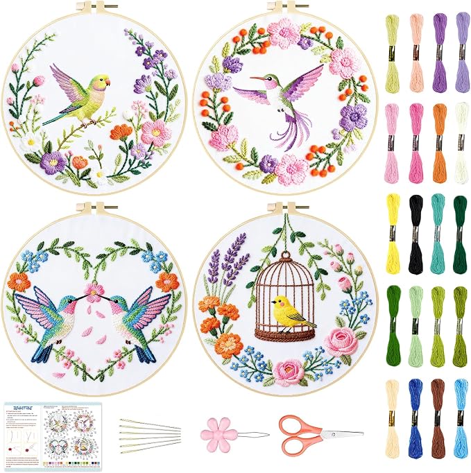 BEUNITONE 4 Set Wreath and Bird Pattern Embroidery Kit for Adult Beginners | DIY Complete Needlepoint Kits for Adults, Handmade Embroidery with Hoops and Instructions Gifts for Fabric Home Decor 20x20cm