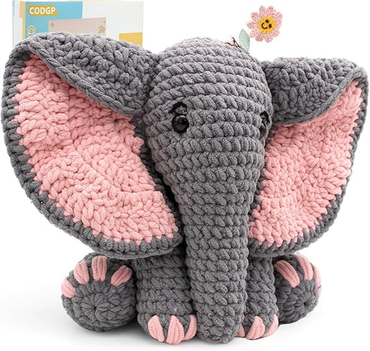 CODGP Crochet Kit for Beginners, 13-Inch Elephant Crochet Kit for Adults | Crochet Starter Kit Gift, Animal Amigurumi Kit, Durable Chenille Yarn, Full Supplies, Step-by-Step Videos, for Crochet Lovers
