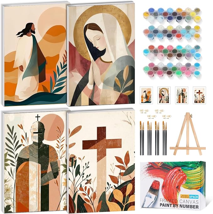 4 Pack Framed Paint by Numbers Kit for Adults, Christian, 8 x 12 Inch | DIY Acrylic Painting by Numbers for Beginners, with Wooden Easel, Christian Home Wall Decor, Stress Relief Craft Gift