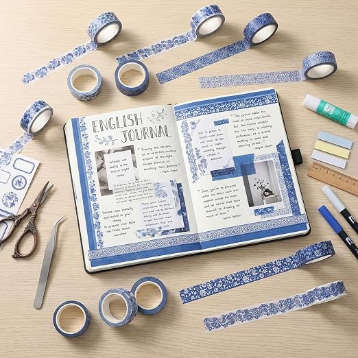 12 Roll Floral Washi Tape Set Flower Decorative Masking Tape for Scrapbook | Blue-and-White Porcelain in Chinese Style Washi Tape Set for Back to School Arts DIY Craft Scrapbook Journal Supplies Gifts