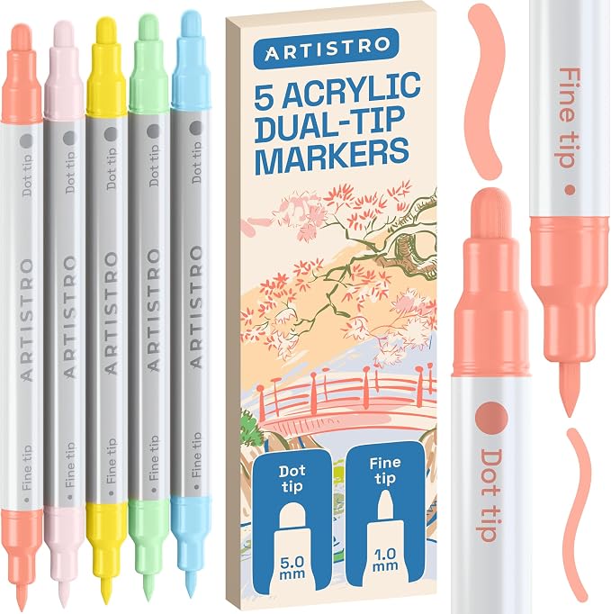 ARTISTRO Pastel Dual-Tip Acrylic Paint Marker Pens - Set of 5 | For Fabric, Rock, Glass, Wood, & Coloring Books, Arts & Crafts Gift, Classroom Must Haves & School Supplies (Dot & Fine Tips)