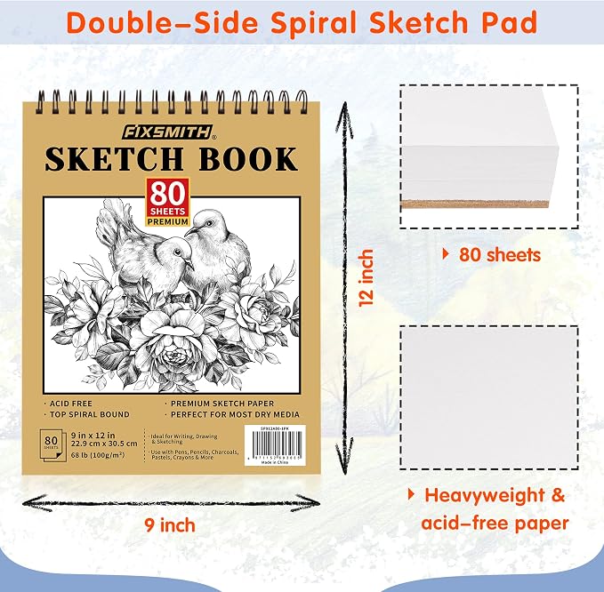 FIXSMITH 9"X12" Sketch Book, 100 Sheets, 68 lb/100gsm Sketchbook | Acid Free Drawing Paper | Top Bound Artist Sketch Pad | for Kids, Beginners, Artists & Professionals | Bright White