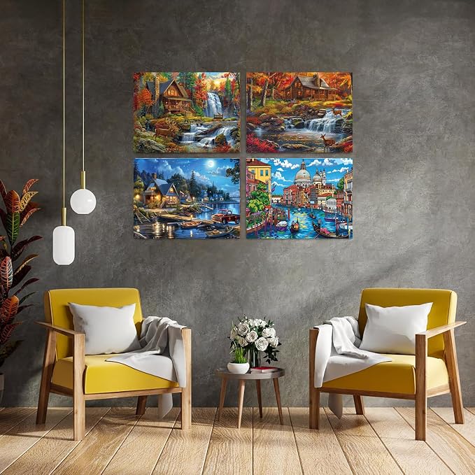 DOTSOPS 4 Pcs Landscape City Diamond Painting Kits Art Adults Painting Kit | Crafts DIY 5D Diamond Art Packs Kits for Adults,Round Full Drill for Beginner,Home Wall Decoration Gift 11.8 x 15.7 Inches