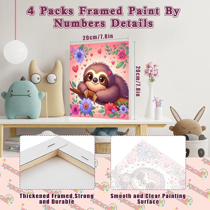 4 Pack Animal Paint by Number for Kids with Wooden Frame - Wooden Easel | Paint by Numbers for Kids Ages 4-8-12, Easy Sloth Fox Sea Turtle Horse DIY Oil Painting Kits for Home Wall Decor (8X8 inch)