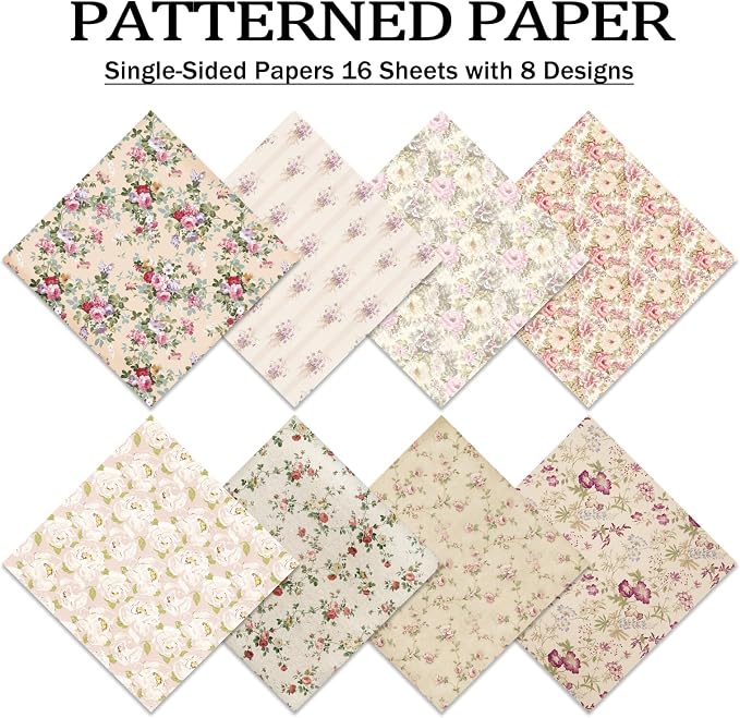 PRSTINCOL Scrapbook Paper,16 Sheets 5.8x5.8 Inch Vintage Floral Style Scrapbook Supplies,Single-Sided Vivid Origami Decoupage Paper for DIY Crafts, Card Making, Art Journaling