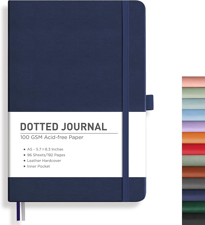 RETTACY Dotted Journal Notebook, 192 Pages, A5 Medium Size (5.7'' x 8.3'') | Leather Hardcover, 100 GSM Thick Paper, for Journaling, Planning, Tracking (Navy blue)