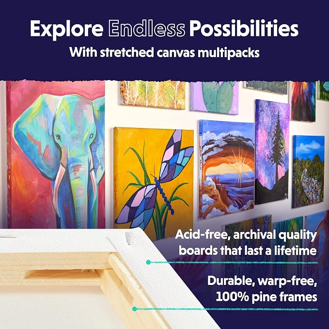 Crafts 4 All Stretched Canvas Boards for Painting - 12 Pack of 8x10 Blank Art Canvases, Framed Canvas for Painting with Acrylic & Oil Paint, Pencil, Pastels, Charcoal