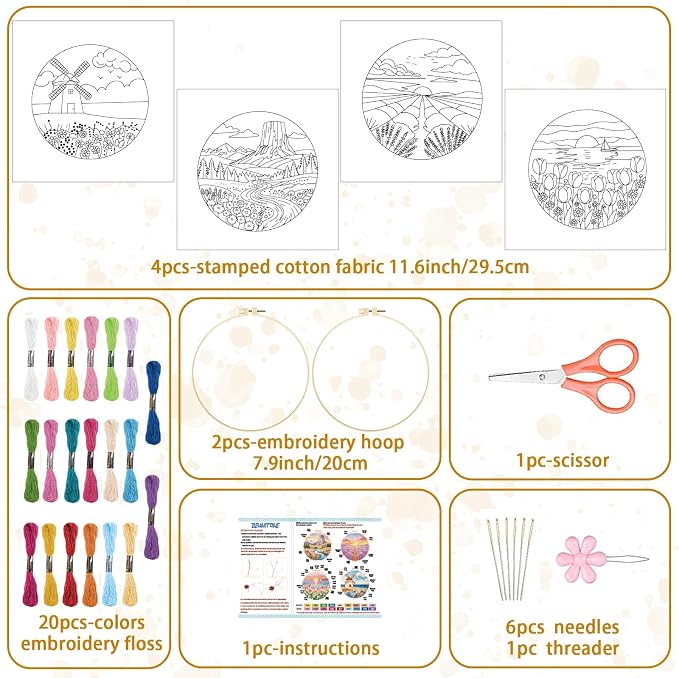 BEUNITONE 4 Set Embroidery Kits for Beginners, Pink Scenery Design with Pre-Stamped Pattern Craft Kits Include Instruction and Hoops, 7.9"x7.9" Needlepoint Kits for Festival Gifts and Home Decor