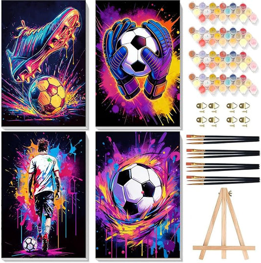 4 Pack Football Paint by Numbers for Adults with Framed Canvas 8x12 inch | Football Adult Paint by Number Kits on Canvas with Wooden Easel, DIY Acrylic Oil Painting by Numbers for Gift Home Decor