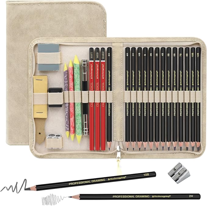 Heshengping, Sketching and Drawing Pencils Set 26pcs, Art Supplies Drawing pencil Kit,Graphite Charcoal Professional Pencils Set, Adults Beginners Artist