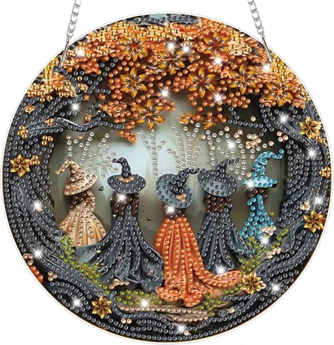 Bowetile Witch Diamond Art Hanging Kits for Adults, Halloween Diamond Art Suncatchers Fall, 5D Special Shape Autumn Diamond Painting Pendant Window Ornament Gifts for Home Door Wall Decor