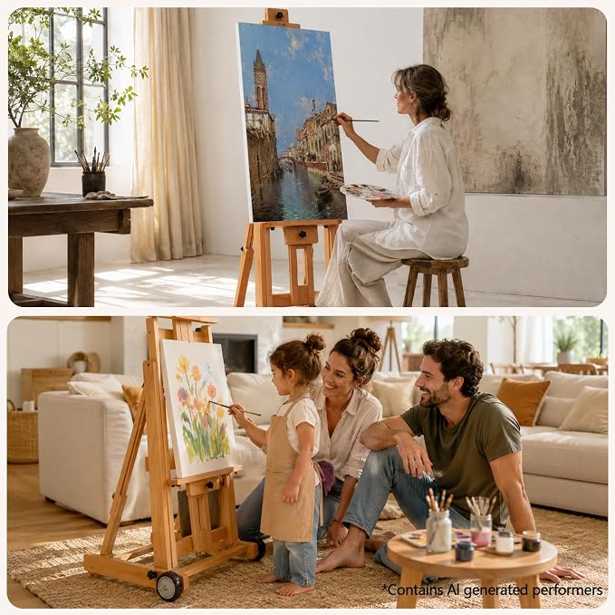 DJAR Large H-Frame Painting Easel for Adults, Solid Beech Wood, Natural | Movable & Tilting Flat Floor Stand, Holds Canvases up to 78", Adjustable Heavy Duty Studio Art Easel for Artists