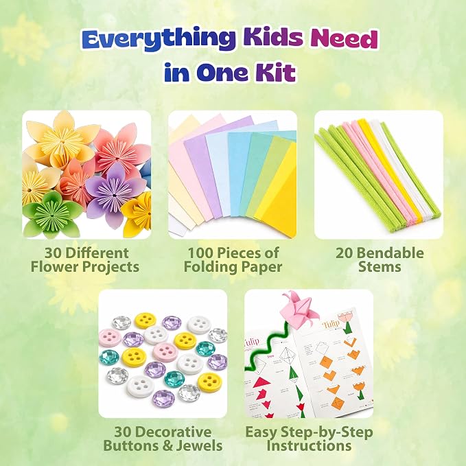 Pinwheel Crafts Flower Origami Kit for Kids Ages 8-12, 150 Pcs Spring Color | 100 spring color folding sheets, 20 chenille stems, 30 buttons and gems, booklet, makes 3D paper flowers, gift for girls
