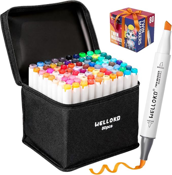 WELLOKB Alcohol Markers, 80 Colors Dual Brush Tip Double Tipped Art Marker Set for Artist Adults Coloring Illustrations for Book Painting, Card Making
