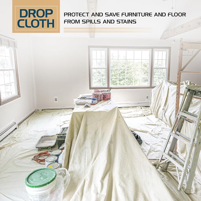 Canvas Drop Cloth 4x12 Ft, Drop Cloth for Painting, 2 Pack | Washable and Reusable, Canvas Fabric, Furniture & Floor Protection, Highly Absorbent, Duck Dropcloth