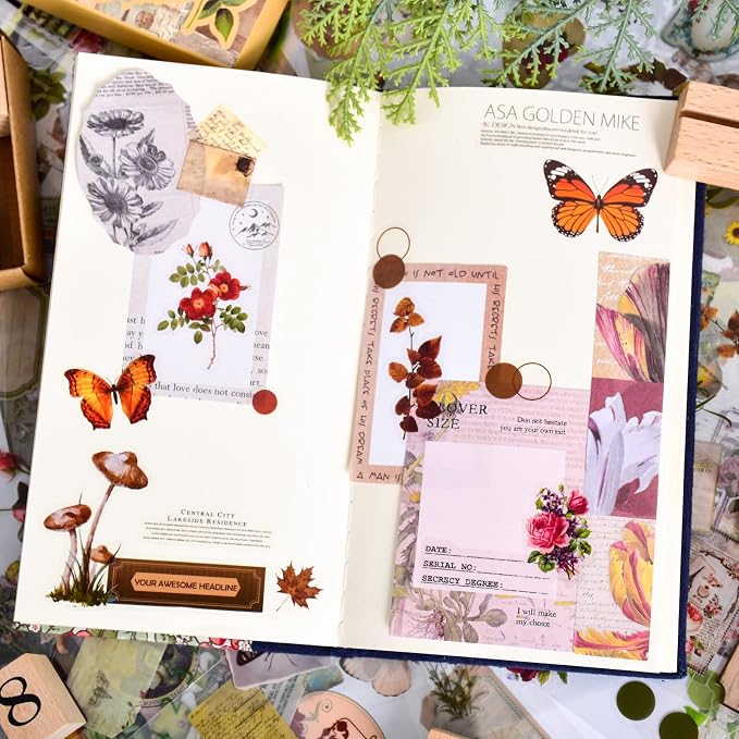 510PCS Plants Floral Scrapbook Stickers Kit Vintage Flowers Butterfly Mushroom Fall Maple Leaves Transparent Waterproof Stickers Set for Scrapbooking Supplies Aesthetic Junk JournalCraft