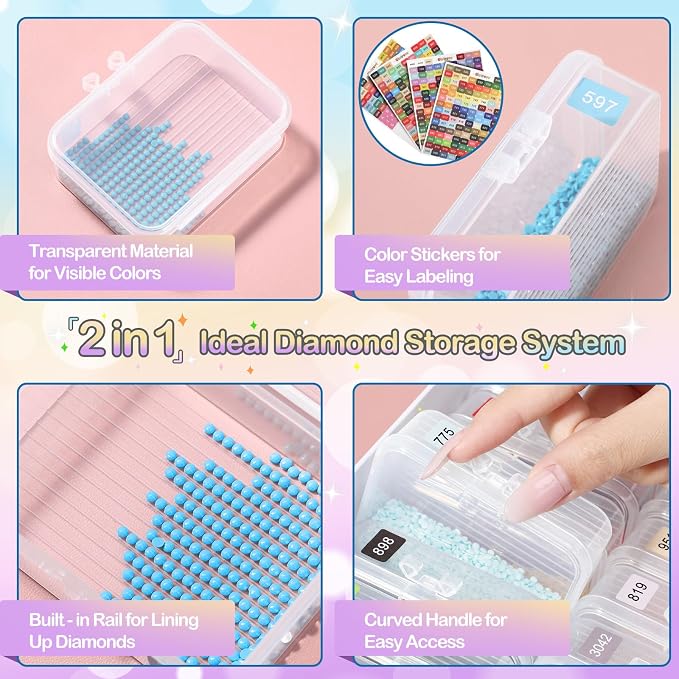 Diamond Art Storage Containers Trays, 45 Pcs | GRS-Certified Eco-Friendly Materials, 2-in-1 Diamond Painting Trays with Lids, Shake to Sort, Spill-Proof, Labels Included