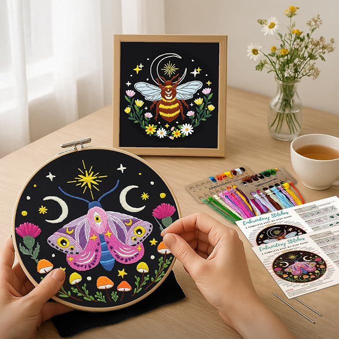 Nuberlic 3 Pack Embroidery Kit for Beginners, Moth and Bee Patterns