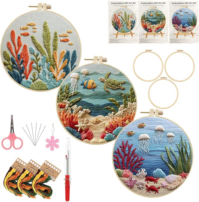 LYMIGER 3 Packs Embroidery Kit for Adults, Embroidery for Beginners (Sea)