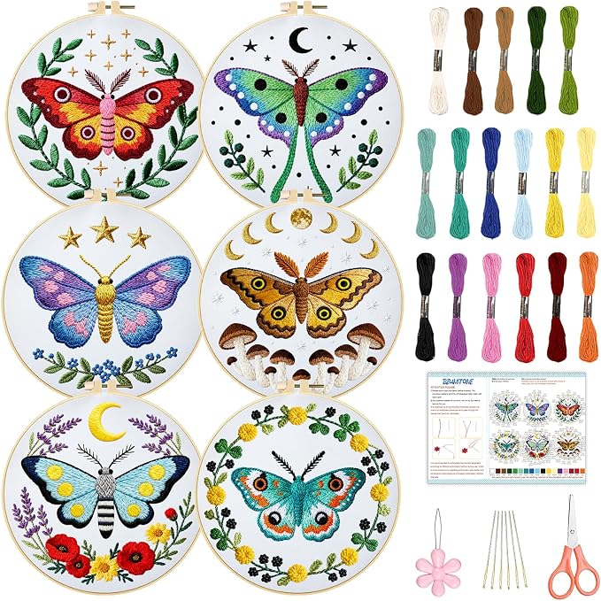 BEUNITONE 6 Set Moth Embroidery Kit for Adults Beginners, DIY Needlepoint Craft Kits with Instructions and Hoops, Complete Starter Set for Adults, Handmade Embroidery for Gifts and Home Decor 20x20cm