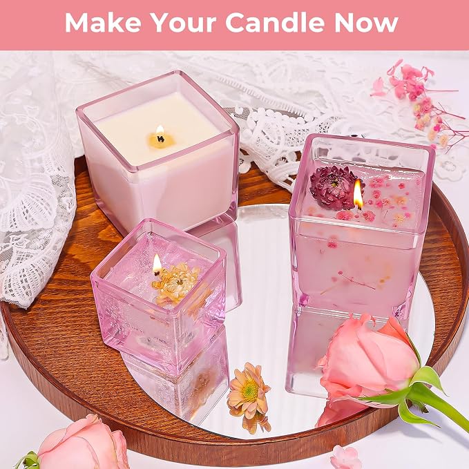 CONNOO 12 Pack 9oz & 3oz Pink Glass Square Candle Jars with Bamboo Lids