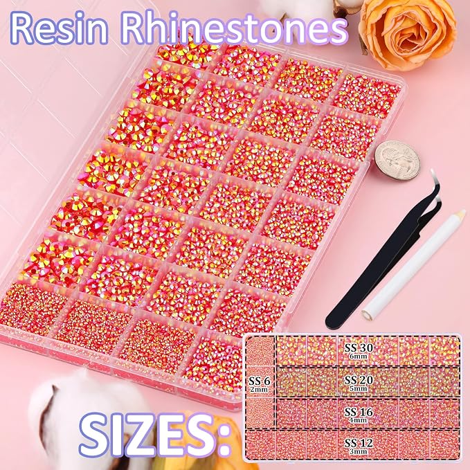 30000Pcs Resin Rhinestones for Bedazzling with Tweezers, Red AB Rhinestones for Crafting with 3Pcs 10ml B7000 Jewelry Glue for DIY Crafts Clothing Tumblers Shoes Fabric Nail Art