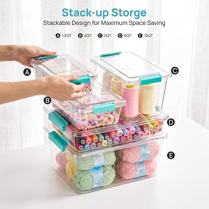 Vtopmart 4 Pack 12 Qt Clear Craft Storage Bins with Lids and Latches | Stackable Plastic Storage Box for Art & Craft Supplies, Paper, Toys, BPA-Free Containers for Organizing