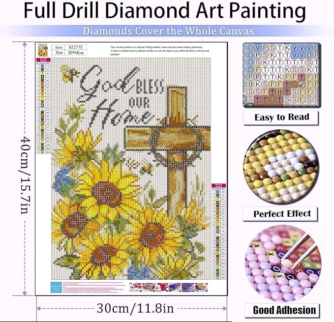 Diamond Art Kits for Adults Sunflower Cross Diamond Painting Kit 12x16in