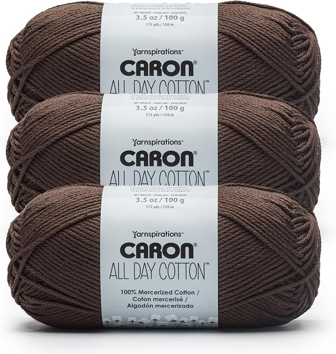 Caron All Day Cotton Yarn for Crocheting, Coffee Bean, 3-Pack | #4 Worsted Yarn, 100% Mercerized Cotton, Soft Crochet Yarn for Knitting, Amigurumi & Crafts, 173yds, 100g/3.5oz per skein