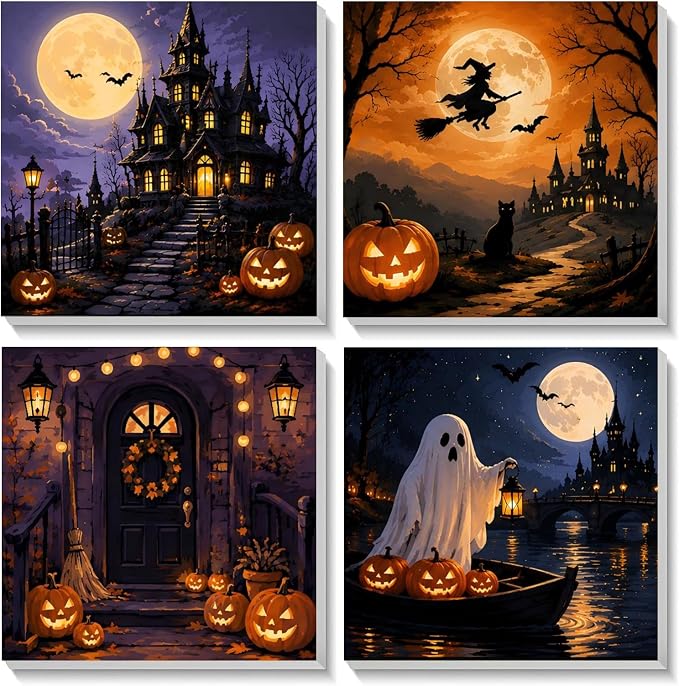 AUKELHJ 4 Pack Framed Paint by Numbers Kit for Adults, Halloween, 8x8 inch